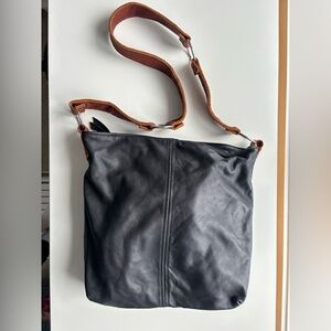 HIDES IN HAND Buttery Soft Black Leather Crossbody Bag with Brown Leather Strap